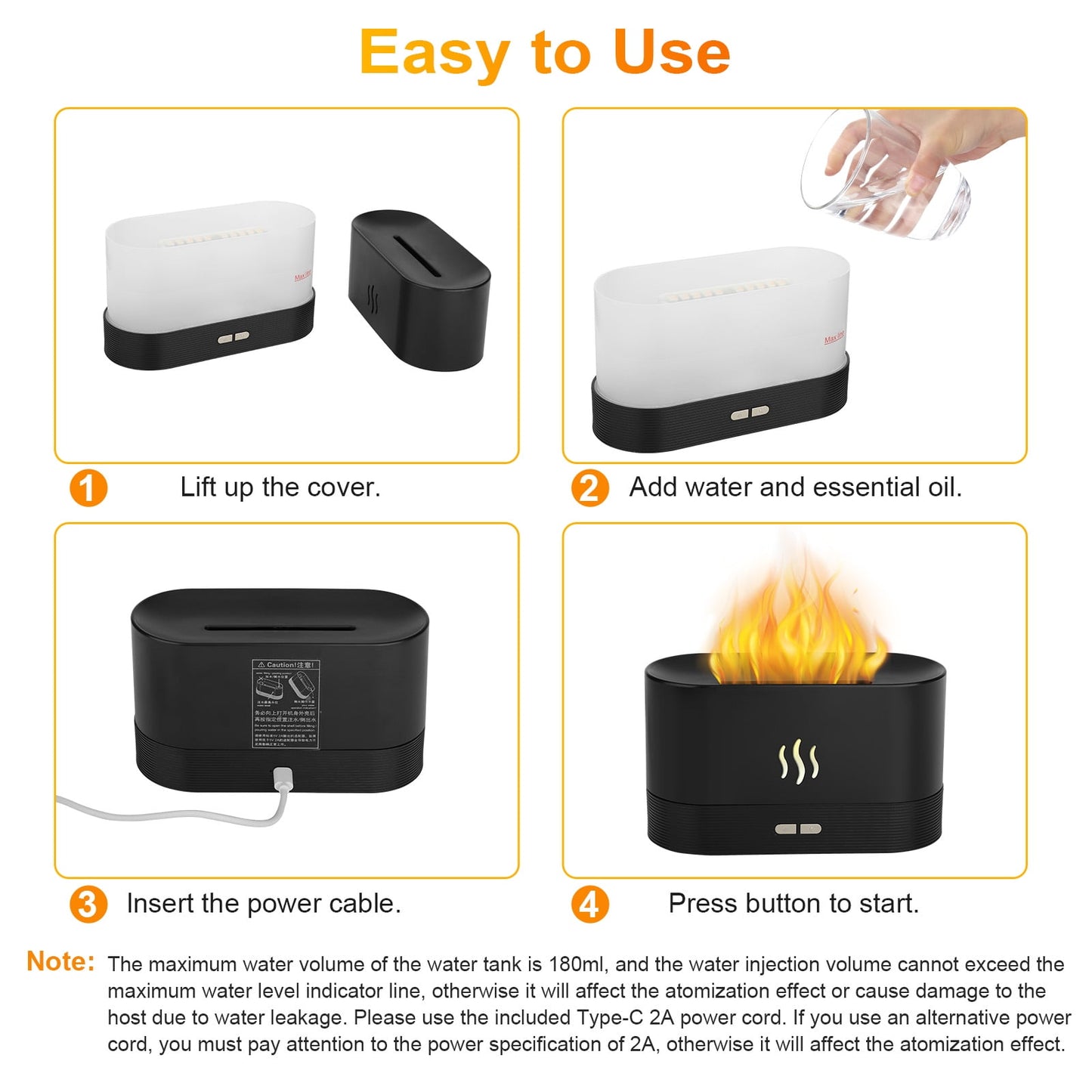 Transform Your Space with the 180ml Aromatherapy Essential Oil Humidifier - Cool Mist Diffuser with 7-Color LED Flame Effect for a Relaxing Atmosphere